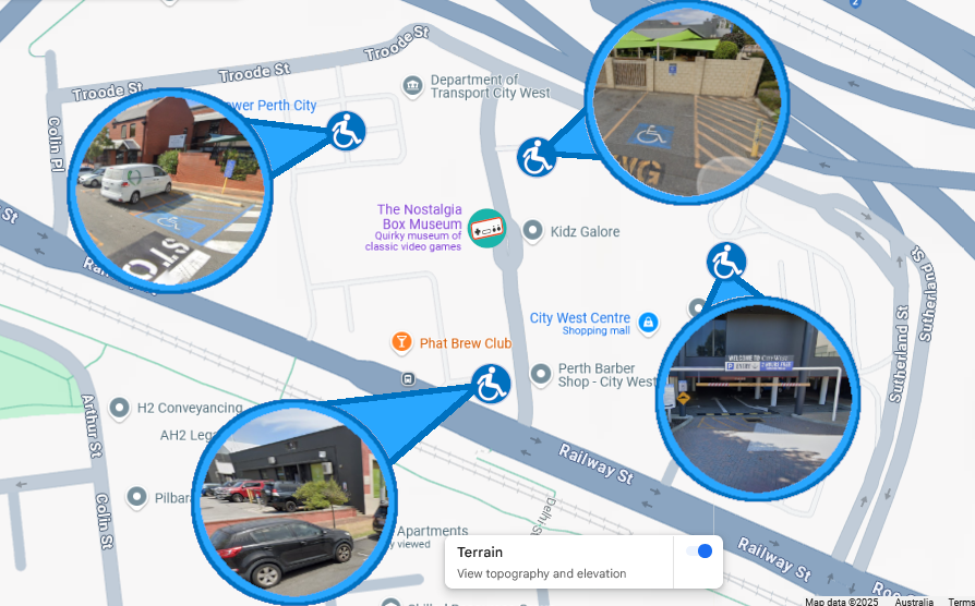 Google map of City West showing 4 location of ACROD bays