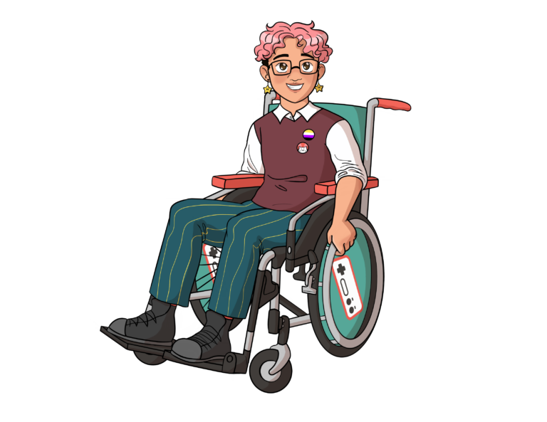 Non binary person with short pink hair in a wheelchair smiling at the viewer